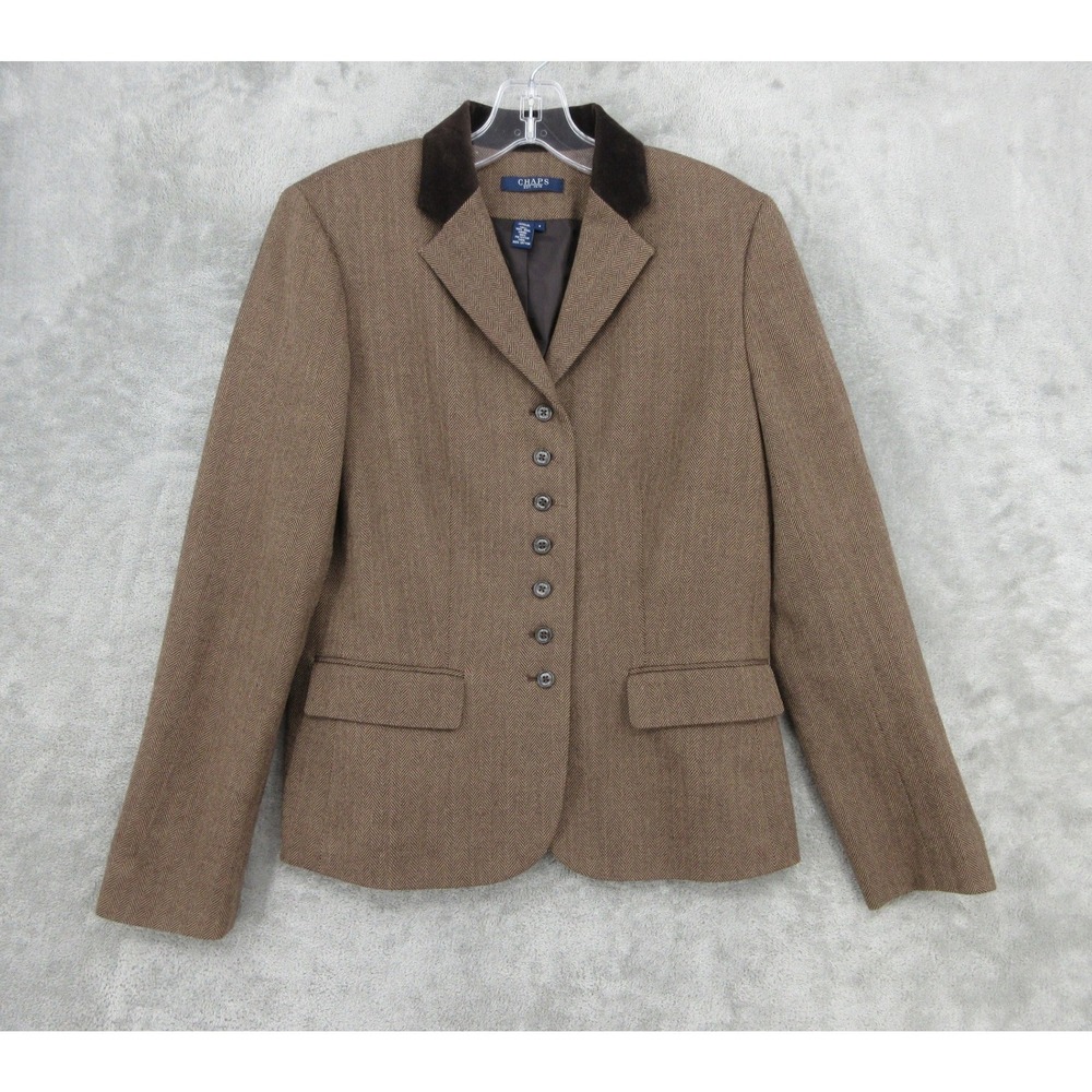 Chaps Blazer Womens Size 6 Brown Herringbone Wool Velvet Trim Preppy Office